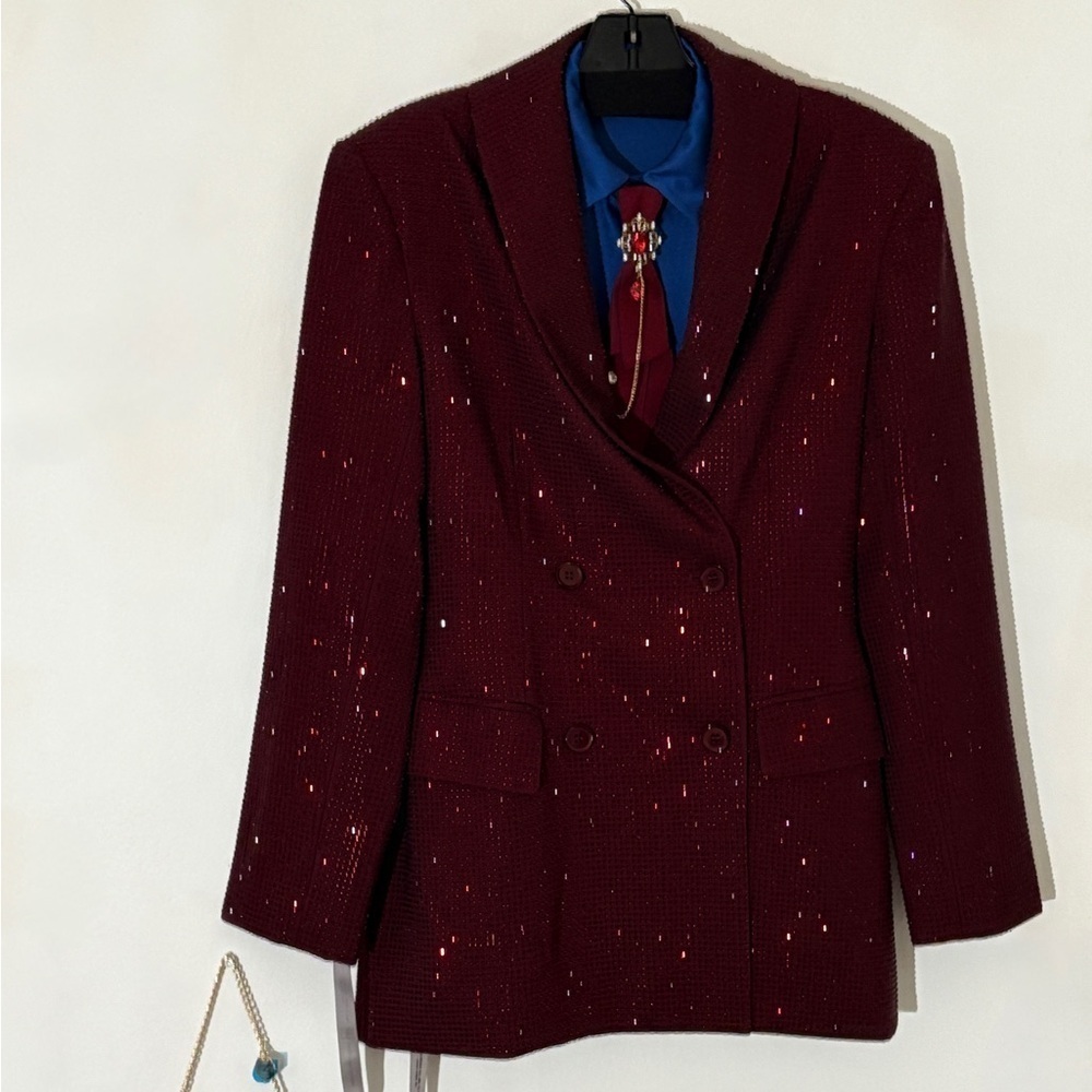 Elegant Burgundy Crystal Blazer